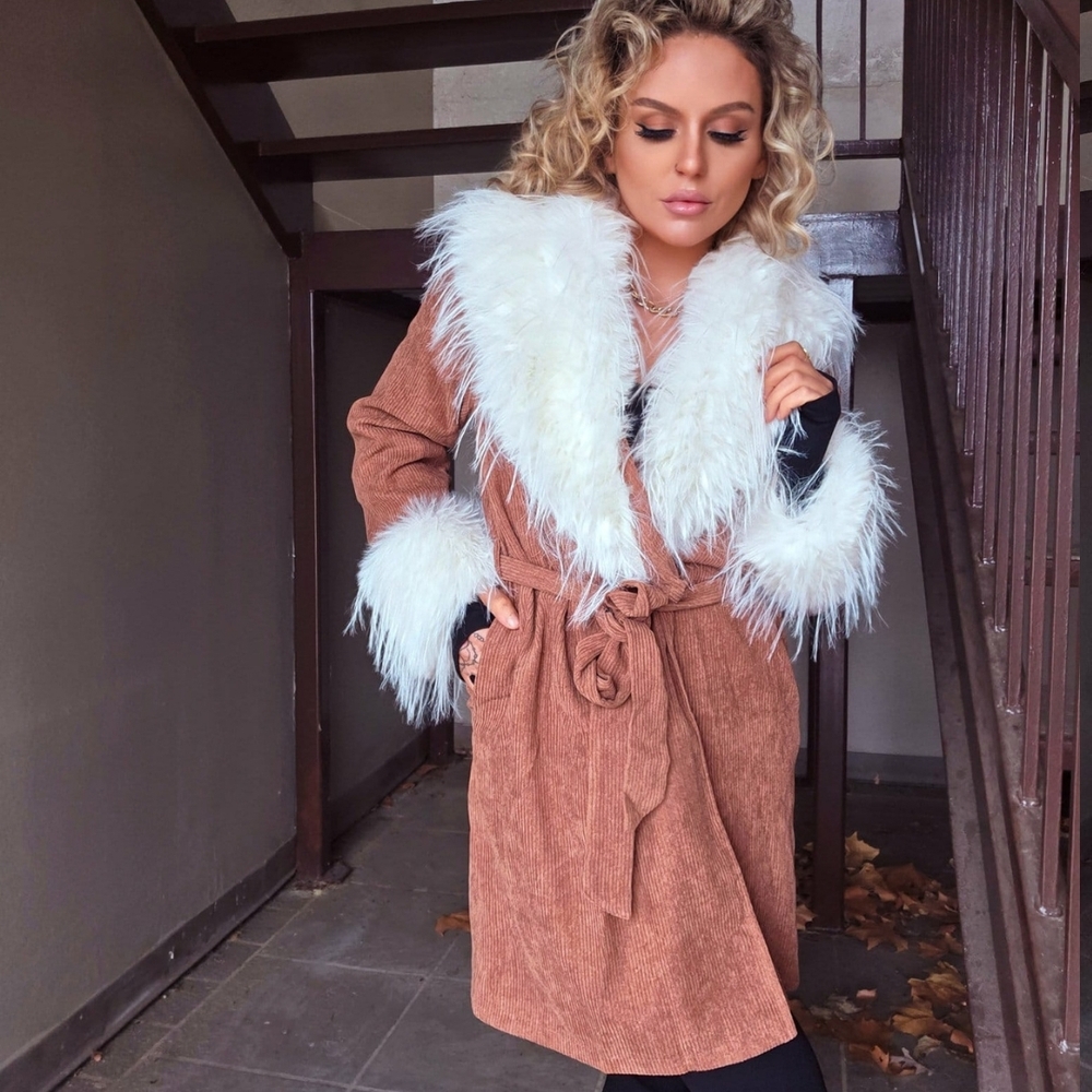 Corduroy Faux Fur Trim Belted Coat - Picture 4 of 5